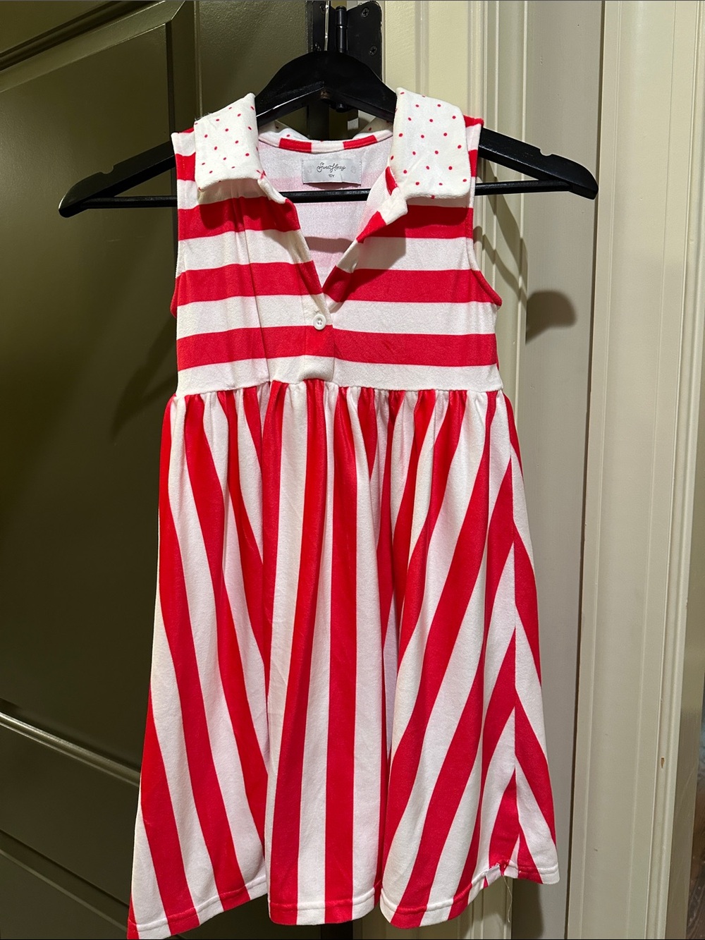SweetHoney Red and White Striped Girls' Polo Dress with Polka Dot Collar